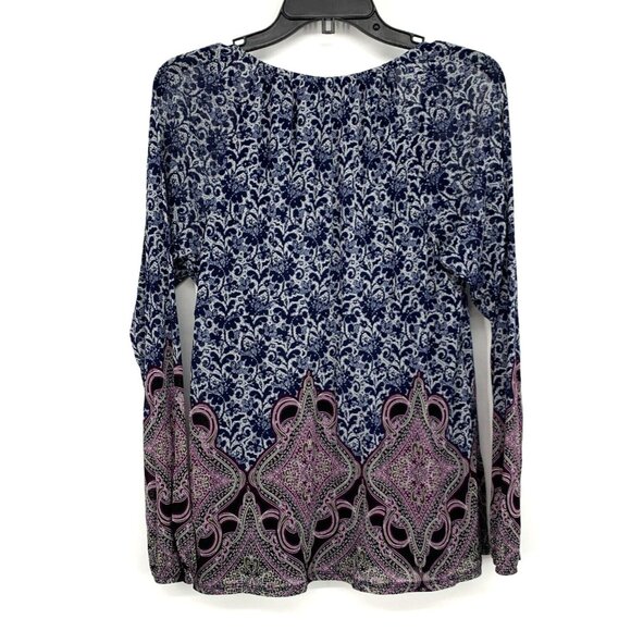 Lizwear Top Blue Floral Printed Long Sleeve Peasant Mesh - Picture 6 of 8